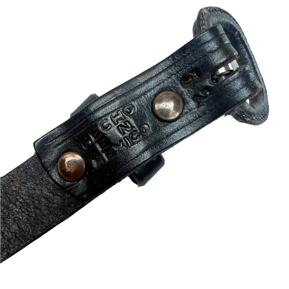 Genuine Leather Black Tooled Western Style Thin Belt Unisex Vintage 90s - Picture 4 of 6